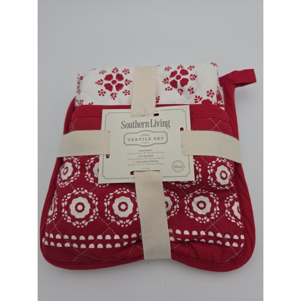 Southern Living 4 Pc Kitchen Textile Set Oven Mitt Pot Holder 2 Towels NWT